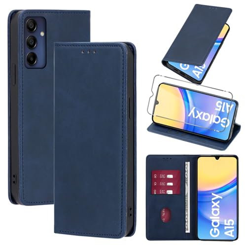 Vauki Funda Cuero para Samsung Galaxy A15 4G/5G con 1 Cristal Templado Carcasa PU Tipo Cartera Soporte Tarjetas Case Ranuras Soporte Plegable Tapa Libro Movil Flip Caso para Samsung A15 6.5,Azul