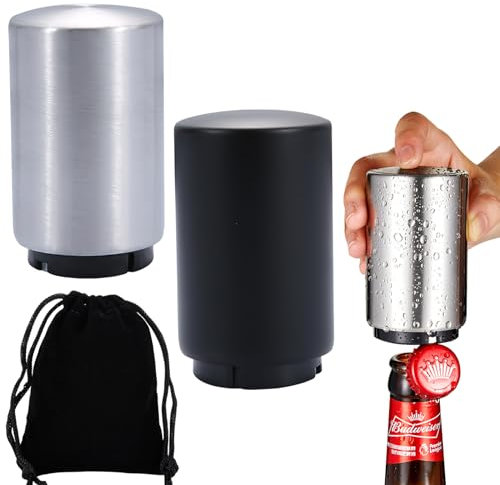 2 Stück Automatischer Flaschenöffner, Edelstahl Push up Bieröffner Wein Bier Limonade Kronkorkenöffner mit Mini-Aufbewahrungstasche Presspassung Kapselheber für Bier Soda-Flaschenverschlüsse