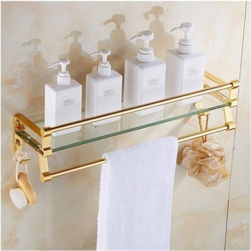 YIMUBDBM Badezimmer-Eckregal aus Glas, Aluminiumregal mit Schiene und Haken, Wandmontage, 60 cm