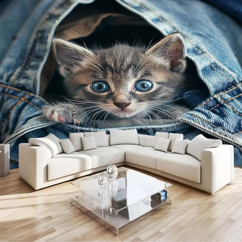 3D Fototapete Cowboy-Haustierkatze -Wanddeko, Wandbild, Wandtapete - Hochwertige Wanddekoration - 200 x 140 cm Vlies Tapete Wohnzimmer Schlafzimmer