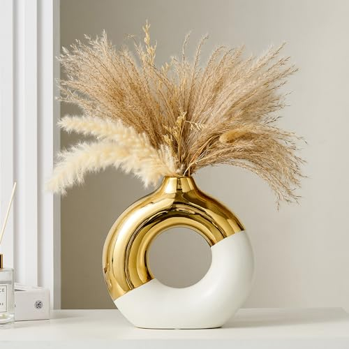 Keramik Donut Vase, 20,5L x 20,5H cm Weiß und Gold Runde Vase für Pampasgras, Nordic Modern Vasen für Dekor, Keramik-Vase Mittelstücke für Hochzeit, Schlafzimmer, Wohnzimmer, Couchtisch, Büro