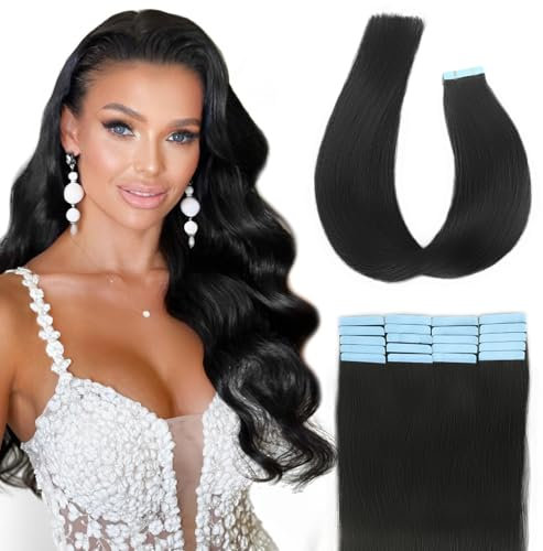 Tape Extensions Echthaar Extensions Echthaar Tape In Extensions Echthaar 45 cm 50g Remy HaarverläNgerung Echthaar Invisible Seidig Gerade Skin Weft 20pcs Natürliches Schwarz