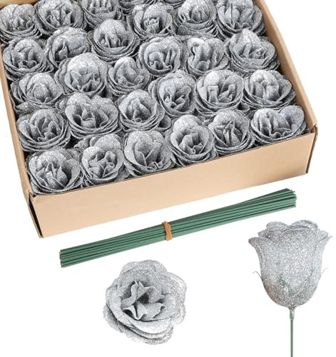 Rzoukler Glitter Roses Bouquet,30PCS Silver Roses Fake Roses Artificial Flowers for Wedding Bouquet Party Christmas Home Decor(Silver)