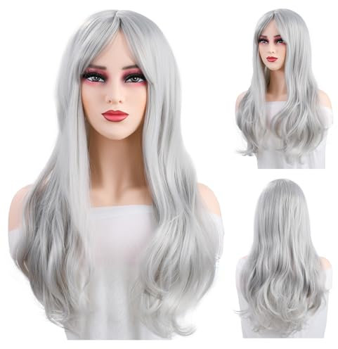 YAOZUP Perücke Halloween Damen, 70cm Perücke Damen Weiße Lang mit Haarnetz, White Wig Lang Haar Gelockt Lockig Wellig Fashion Kostüme Damen Haarteil Wig, Gothic Perücke Damen für Halloween Karneval