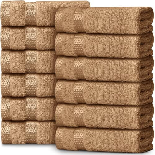 Casabella Face Cloth - 100% Cotton 12 Piece Face Towels 30x30 cm - Quick Dry Flannel Face Cloth Makeup Remover & Cleansing - Fingertip Towels Soft & Absorbent Super Quality - Beige Face Cloth