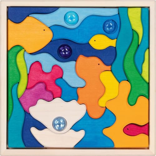 goki 58341 - Landschaftspuzzle Meeresleuchten aus Ahornholz, mit 4 Glitzersteinen - goki Evolution - 30 Teile - Bunte Farben auf Wasserbasis - Montessori-Spielzeug - Made in EU