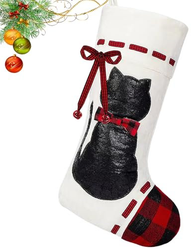 Weihnachtsstrümpfe, 53,3 cm, große Tier-Weihnachtsstrümpfe mit 3D-Katze, Haustier, Weihnachtsstrümpfe, luxuriöser Samt, rot, schwarz, weiß, Strumpf für Weihnachtsdekoration, Kamin, Weihnachtsbaum