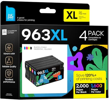 iNKPAD 4 Stück 963XL Multipack Patronen für HP 963 963 XL für HP OfficeJet Pro 9010 9012 9013 9014 9015 9016 9018 9019 9020 9022 9023 9025 9026 9028 (Schwarz/Cyan/Magenta/Gelb)