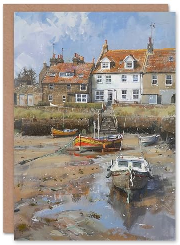 Artery8 Alnmouth Village Cottages and Boats Oil Painting Blank For Him Or Her Art Birthday Card