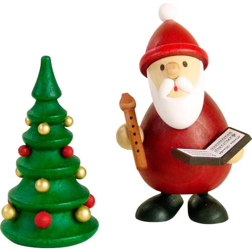 Erzgebirge Palast Ullrich Kunsthandwerk Weihnachtsmann singend mit Notenbuch, Flöte und Weihnachtsbaum - 9,5 cm