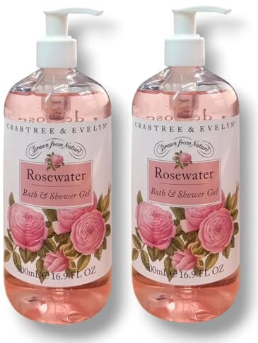 2x Crabtree and Evelyn | Rosewater - Bath & Shower Gel | Pump Head | 500ml Each
