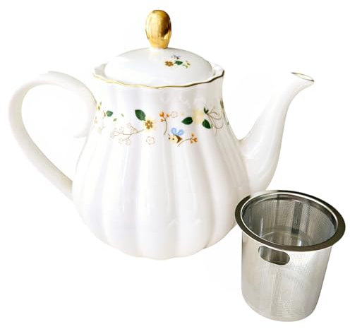 Floral Porcelain Teapot, 850ml, with Removable Loose Tea Infuser, White with Gold Trim, Delicate Garden Pattern, Ideal for Afternoon Tea, Gift, Herbal Tea Maker (Little Bee)