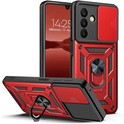 LBH Armor Hülle für Samsung Galaxy A26 5G Case mit Kameraschutz Outdoor Stoßfest Handyhülle 360 Grad Metal Ring Halter Ständer Schutzhülle für Handyhalterung Auto Magnet Rot