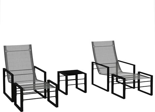 Outsunny Ensemble bistrot de Jardin 5 pièces, Salon de Jardin extérieur 2 Personnes avec 1 Table, 2 fauteuils et 2 Repose-Pied, Acier Noir, Assise Tissu Respirant Gris