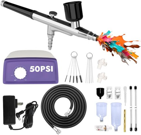 50 PSI Airbrush Set mit tragbarem Kompressor, Dual Action Multi Funktion Airbrush Set mit 0,2/0,4/0,5mm Düsen/Reinigungssets für Kuchendekoration, Makeup, Modellbau