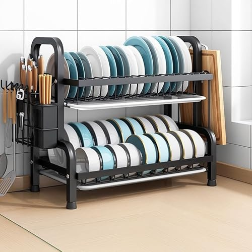 devesanter 2 Tier Dish Drainer 42 CM Multifunctional Rust-proof Dish Drainer Rack,with Removable Drip Tray Utensil Knife Cutting Board Holder Space-Saving Dish Rack for Kitchen Counter (Black)