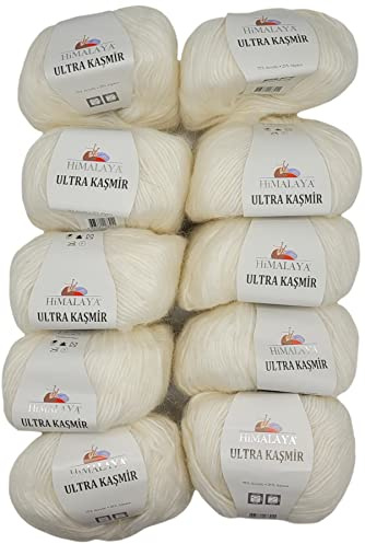 10 x 50 Gramm Ilkadim Export Ultra Kasmir Strickgarn einfarbig, 500 Gramm Strickwolle mit 25% Alpaca Wolle, uni (cremeweiss 56807)