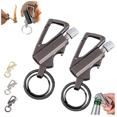 Ashopfun Lot de 2 briquets porte-clés avec décapsuleur multifonction, étanche, réutilisable, briquet au kérosène pour la survie en plein air (noir)