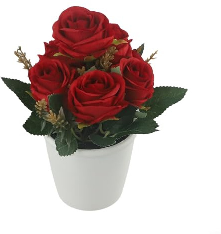 SiSinkal Künstliche Rose, Kleiner Baumtopf, künstliche Pflanzen, Topfdekoration, Garten, Innen- und Außenbereich, mehrere Zweige, runder weißer Topf, erfrischend, natürliche dekorative Pflanze (rot)