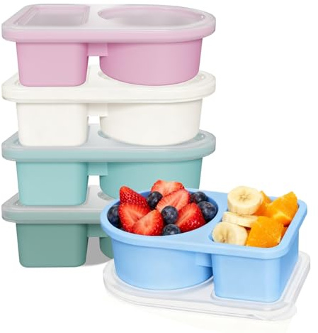MEEYUU 5 Pack Silicone Snack Containers, 2 Compartments Reusable Snackle Box with Lids, 240 ml Portable Mini Bento Box for School, Office and Picnic