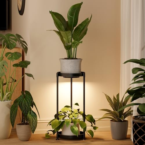 Bamworld Pflanzenständer Metall Schwarz mit LED-Wachstumslicht, 2 Ebenen Blumenhocker Modern, Indoor Blumenregal für Wohnzimmer Balkon Schlafzimmer