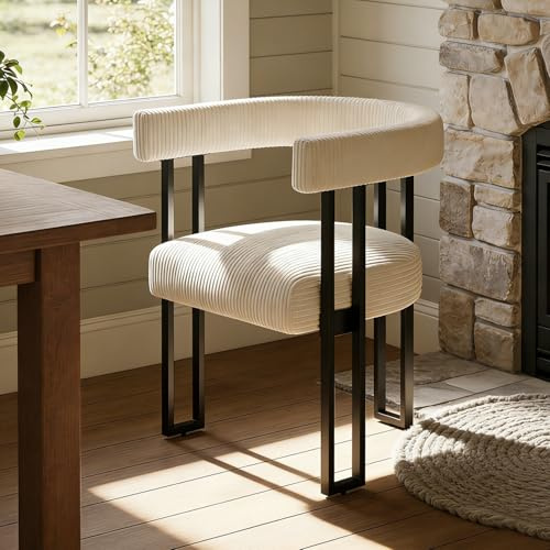Bouclé gepolsterter Esszimmerstuhl mit Metallbeinen – Mid-Century Modern Sessel mit weicher Cord-Polsterung, stilvoller Küchenstuhl & Wohnzimmerstuhl für Esszimmer, Küche, Wohnbereich (Creme, 1 Stück)