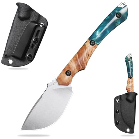 ALVELY DC53 steel fixed blade,unisex everyday carry knife,Ausgestattet mit einer K-Typ-Hülle,Griff aus Harz-verstärktem Ahornholz,Outdoor-Camping und Reisen, taktisches Wander-Messer (Green Handle)