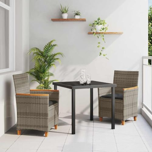 Mandloder Garten Essgruppe 3-teilig, Grau Poly-Rattan, Outdoor Möbel Set mit Glastisch, Balkon Sitzgruppe, Langlebig