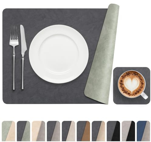 Banchif Platzsets abwaschbar Tischsets Untersetzer Platzdeckchen 6er Set | Tischsets abwaschbar Platzsets und Untersetzer Kunstleder hitzebeständig rutschfest Platzdeckchen (Dark Grau Salbeigrün)