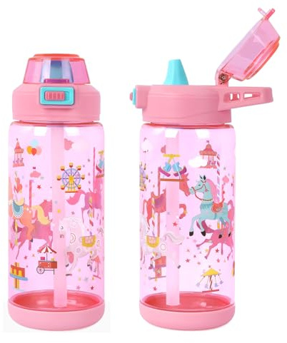 Trinkflasche Kinder 600ml Auslaufsicher Strohhalm Tragegriff Wasserflasche