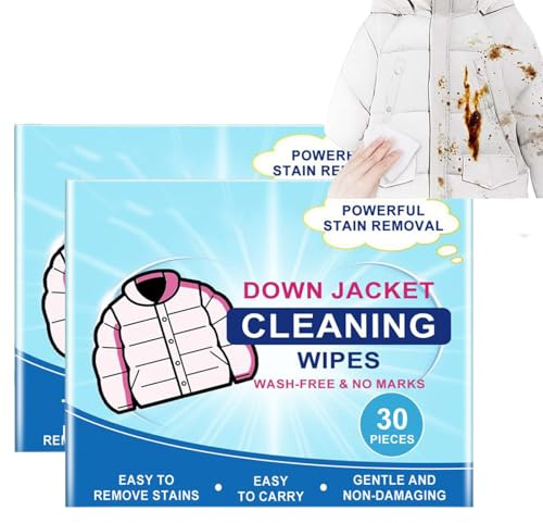 30PCS Down Jacket Cleaning Wipes - Individually Wrapped Fabric Stain Remover for Jackets, Clothes, Shoes & Bed | Instant Oil & Stain Removal, Portable for Outdoor, Ski & Travel (30, 2PCS)