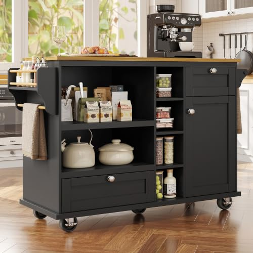 kozamas Esszimmerwagen, Küchenwagen mit Rollen, Moderner Küchenschrank Schwarz mit 2 Schubladen & Türen, Beige Arbeitsplatte, MDF Küchenmöbel 129x46x92 cm