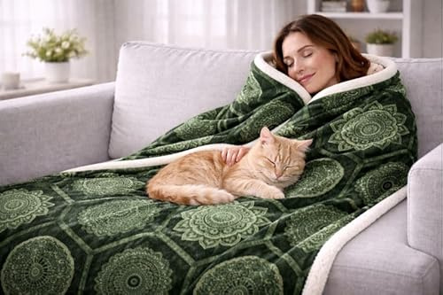KAMACA XL Wohndecke 150 x 200 cm – Kuscheldecke mit Ornament-Muster – Doppelseitige Flanell- & Sherpa-Qualität (400 GSM Bonded) – Ultra Soft, Atmungsaktiv & Allergikerfreundlich – Smaragd-grün