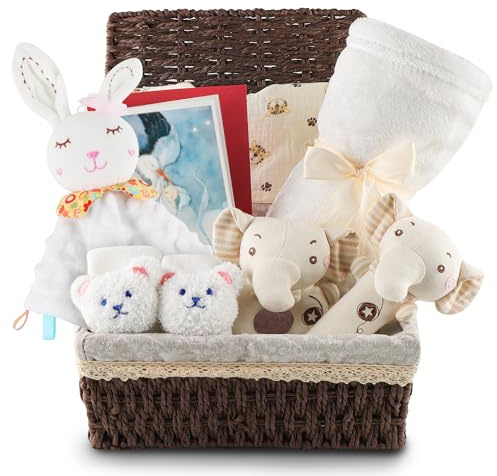 Baby Geschenk 8-teilig Ideal als Neugeborenen Geschenkset für Jungen Mädel | Großer Geschenkkorb mit Decke Plüschelefant Lätzchen rutschfeste Socken Korb Baby Geschenk Geburt Babyparty (Weiß)