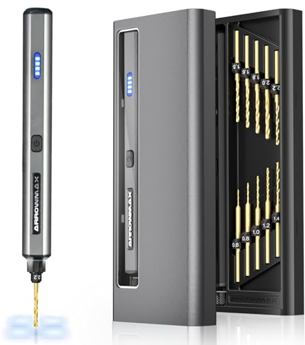 ARROWMAX Mini bolígrafo taladro eléctrico, 10 brocas pequeñas con caja de aluminio, pantalla OLED, luces LED, pequeño juego de taladro eléctrico para resina, joyería, manualidades, plástico, madera