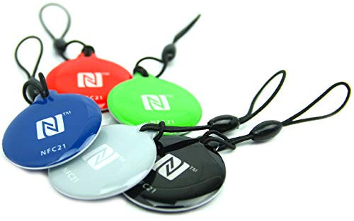 NFC Tag Anhänger Style, NXP Chip Mit 180 Byte, 5 Farben, 5 Stück, 30mm, Optimal für Geräte-/Profilsteuerung (WLAN, Bluetooth, Apps), Kompatibel Mit Allen Smartphones und Tablets
