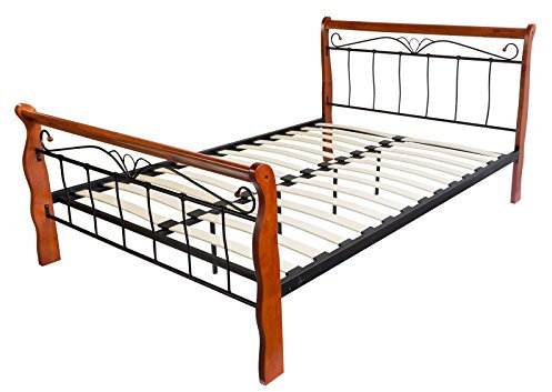 Homestyle4u 988, Metallbett 180 x 200 Mit Lattenrost, Bettgestell Metall, Pfosten Holz Braun