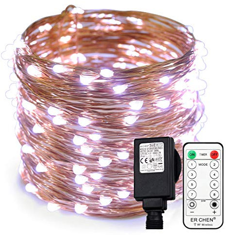 Erchen Strom-betrieben LED Lichterkette, 66 FT 200 LED 20M Stecker dimmbare Kupfer Draht Lichterketten mit 4.5V DC Adapter Fernbedienung für Innen Außen Weihnachten Party (Weiß)