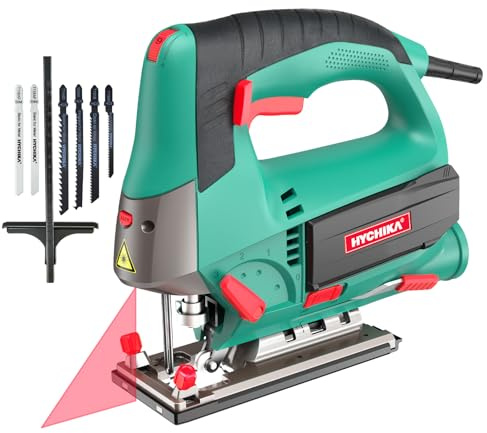 HYCHIKA 6.7A 800W Corded Jig Saw, Jigsaw Tool Power Jig Saws,6‑Speed Up to 3000 SPM, 4 Orbital Settings, Laser Guide, ±45° Bevel Cutting, Tool‑Free Blade Change, 6 Blades for Wood Metal Plastic