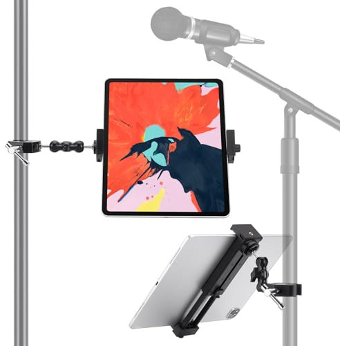 NUOMIC Aluminum Tablet Holder, Portable Mic Stand, Universal Music Stand Tablet Phone Holder for iPad Mini, Air, Pro and iPhone 4.7-12.9