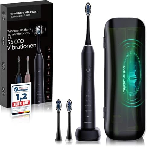 Tristan Auron Schallzahnbürste - Schallzahnbürste mit UV-Case & 2 Aufsätzen – Sonic Technologie – 60 Tage Akkulaufzeit – Ideal für Reisen & tägliche Anwendung (Schwarz)