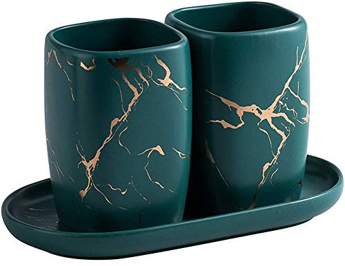 FülleMore Keramik Zahnputzbecher Set luxuriös Marmor Optik 3-teiliges Badezimmer Zubehörset 2er Zahnputzbecher mit Tablett Badzubehör Set (Grün)