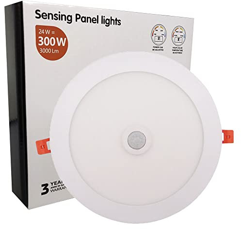 FactorLED Downlight Circular LED Techo con Sensor de Movimiento 24W, Panel Redondo Empotrable con Detector de Presencia, Placa Slim, Ø225 x 25 mm, Lámpara luz cálida 3000K