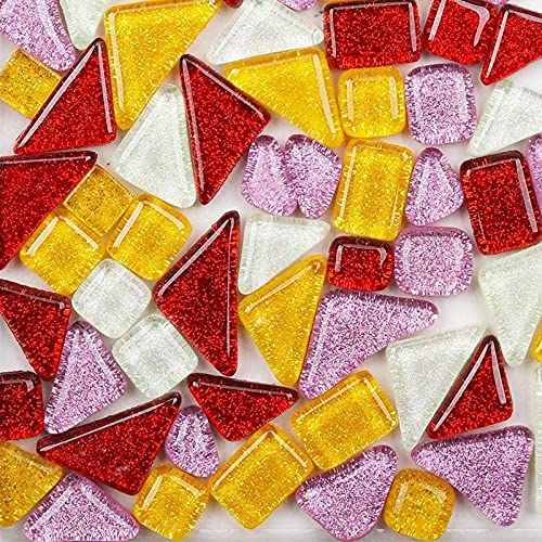 Bunte Glasmosaikfliesen 200g, Irregulär Glitzerkristall Mosaiksteine Glasstücke, Glasfliesen Glassteine für Basteln, Haus Deko(Fruchtig)