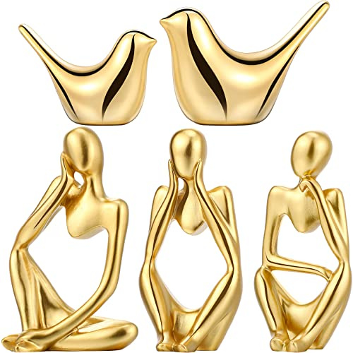Qunclay 5 Pcs Thinker Statue Bird Figurines Set, Resin Accent Decor, Gold