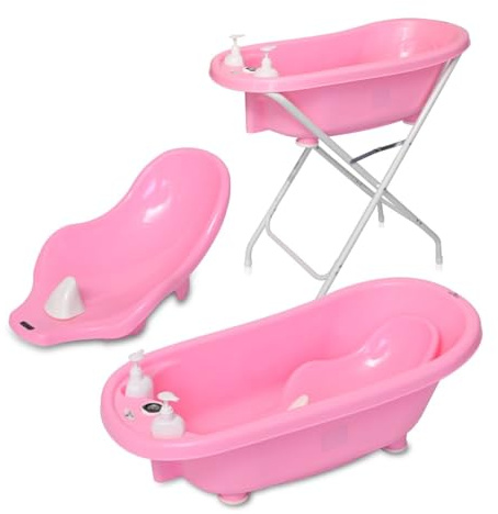 Lorelli Babybadewannen-Set Babybadewanne 88 cm Badesitz Badewannenständer Ablauf rosa