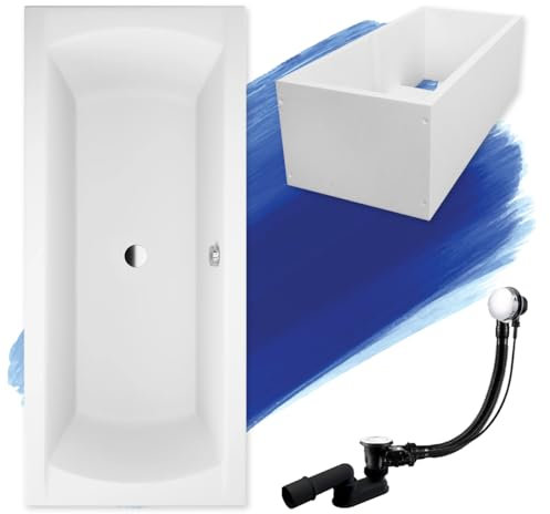 BADLAND Badewanne Original Weiß Acryl Wanne Rechteck INES 180x80 KOMPLETTSET SET mit Premium Wannenträger + Füßen und Exklusive Chrom Automatik Ablaufgarnitur Made in EU 4in1