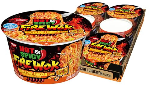 Nissin Hot & Spicy Fire Wok, Chili Cast Chili Chili Chicken, 4.5 Ounce (Pack of 6)