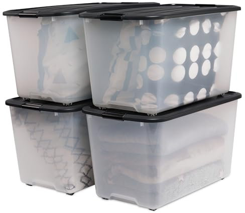 Iris Ohyama, Scatola portaoggetti in plastica, Scatola portaoggetti garage 70L, Lotto di 4, Senza BPA, TBR-70, Nero, Impilabile, Clip di chiusura - L68 x P39 x A38 cm