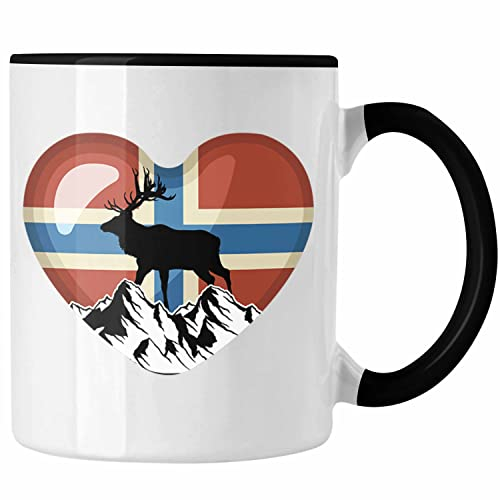 Trendation - Norwegen Geschenke Tasse Flagge Nordkap Elch Norway Grafik Herz (Schwarz)